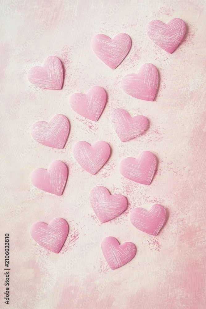 Fototapeta premium Scattered pink heart-shaped confetti on a textured rose background