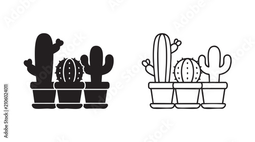 Cuadro en lienzo cactus vector silhouette with line art pair icon, trio outline desert plant symb