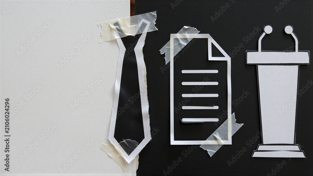 Obraz premium Tie, document, and podium cutouts taped to split black-white background.