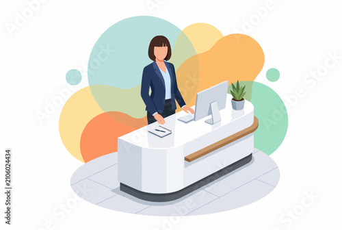 Professional Female Receptionist at Elegant Modern Office Front Desk