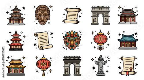 Collection of traditional cultural landmarks and artifacts from around the world.