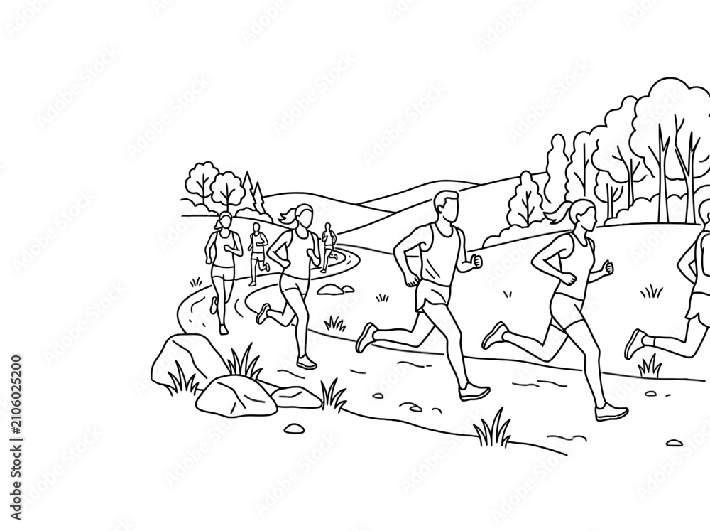 Obraz premium People running on a winding trail through a park landscape