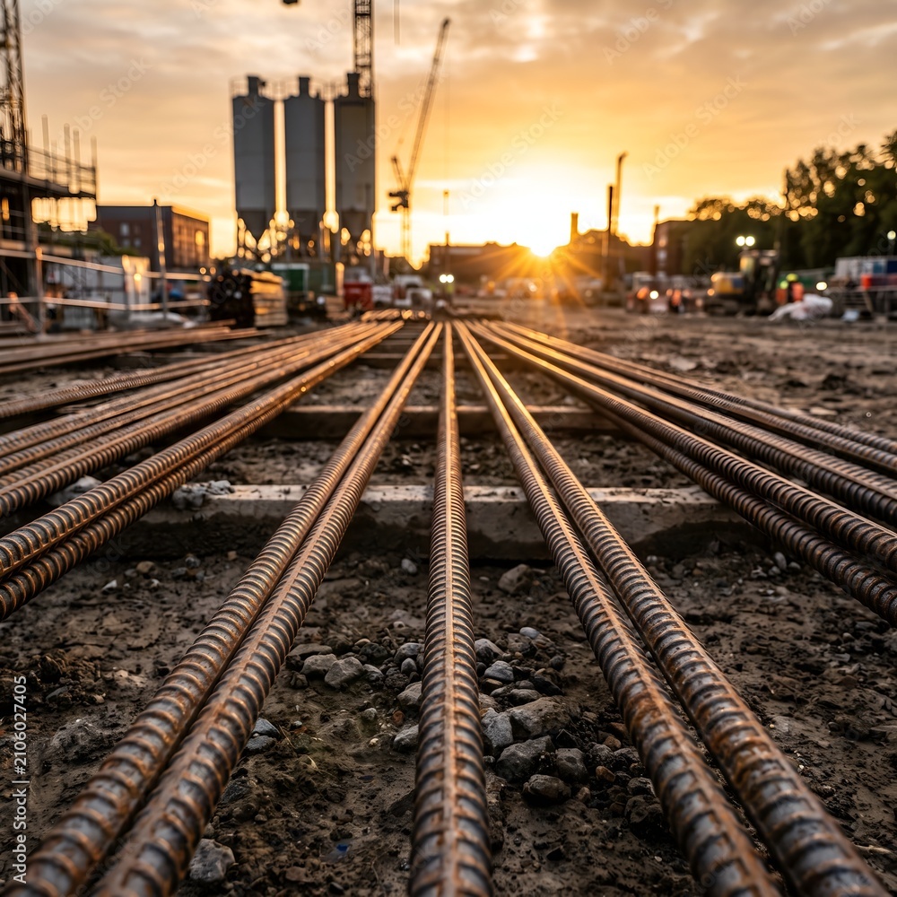 Fototapeta premium Industrial Steel Rebar Bundles Stacked at Construction Site