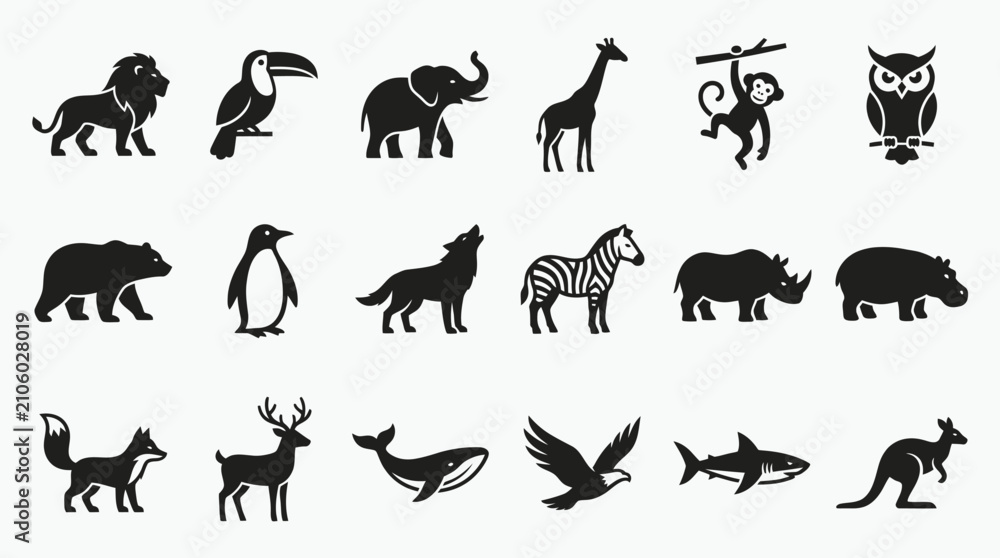 Obraz premium Large set of small wild animal silhouette icons.