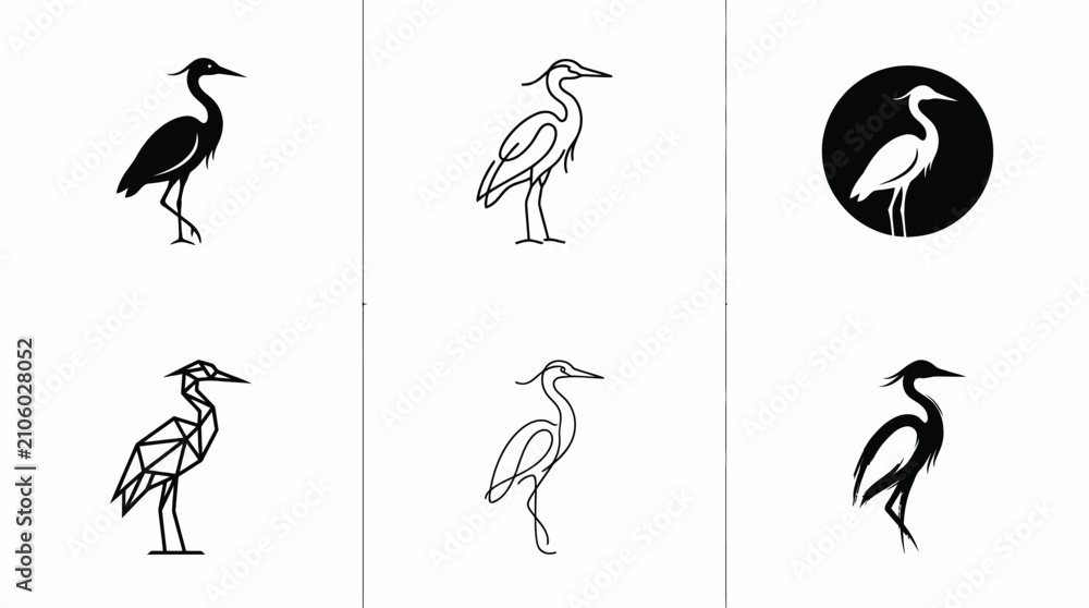 Obraz premium Minimalist heron and crane bird silhouette icon collection.