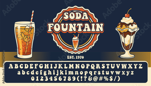 Retro 1970s style vector alphabet and numbers. Vintage typography set with soda glass and ice cream sundae illustrations. Perfect for diner menus, posters, and nostalgic cafe designs.