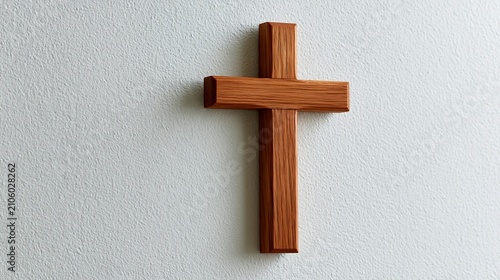 Simple Wooden Cross Hanging on a Textured White Wall, Representing Faith and Spirituality