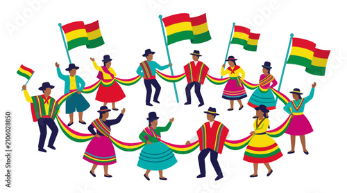 Bolivian traditional dancers performing with national flags in a circle. EPS Editable. Vector Illustrations.