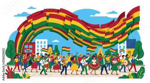 Bolivian Independence Day Parade Celebration with People Dancing and Waving Flags. EPS Editable. Vector Illustrations.
