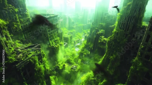 Birds Flying Through a Mysterious Sunken City with Eerie Green Glow.