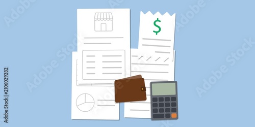 Business invoice, payment receipt, calculator, wallet, savings jar and financial planning documents. Side hustle earnings concept scene. Additional income management and financial planning process.