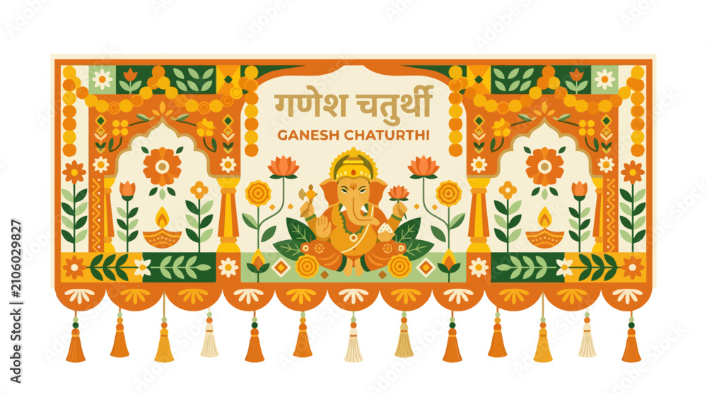 Fototapeta premium Ganesh Chaturthi festival banner with Lord Ganesha and floral decorations. EPS Editable. Vector Illustrations.