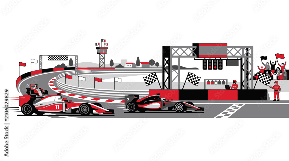 Obraz premium Formula One race cars speeding on a professional circuit track. EPS Editable. Vector Illustrations.