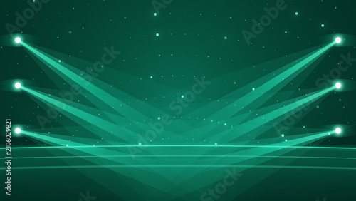 Procedural art of green stage spotlights with glowing particles on dark background