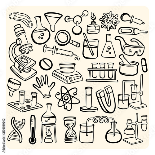 Hand drawn science lab equipment elements collection doodle set