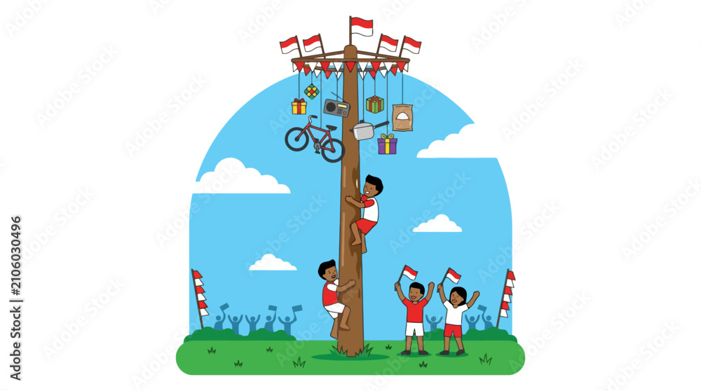 Fototapeta premium Indonesian Independence Day Panjat Pinang Traditional Pole Climbing Competition Illustration. EPS Editable. Vector Illustrations.