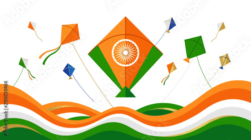 Indian tricolor kites flying for national festival celebration. EPS Editable. Vector Illustrations.