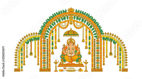 Lord Ganesha idol under decorative floral arch for Ganesh Chaturthi festival. EPS Editable. Vector Illustrations.