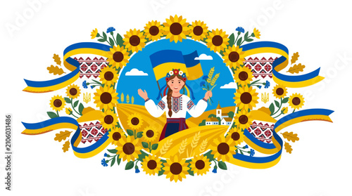 Ukrainian girl in traditional folk dress with sunflowers and national flag illustration. EPS Editable. Vector Illustrations.