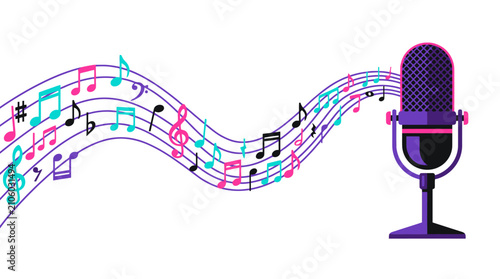Vintage microphone with colorful musical notes flowing on a staff. EPS Editable. Vector Illustrations.