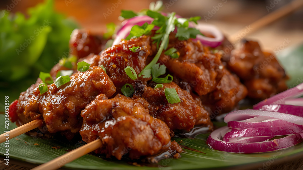 Fototapeta premium Delicious Chicken Satay Skewers with Peanut Sauce, Garnished with Red Onion and Herbs on Banana Leaf - Closeup