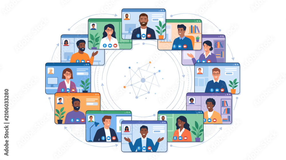Naklejka premium Diverse group of people in a virtual meeting connected by a network graphic