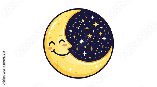Smiling Crescent Moon with Stars and Constellations on a Dark Night Sky