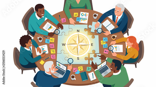 Diverse business team collaborating around a round table with a compass puzzle, symbolizing strategic direction and teamwork.