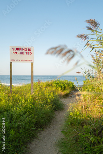 Sandy footpath through coastal vegetation leading to the beach beside a surfing prohibited sign in Montauk, New York