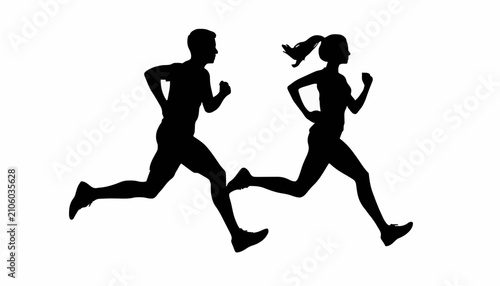 Silhouette of Running Man and Woman in Motion Isolated on White Background