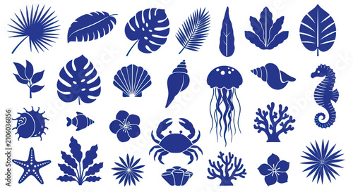 Photography Collection of various blue marine life and tropical plant silhouettes