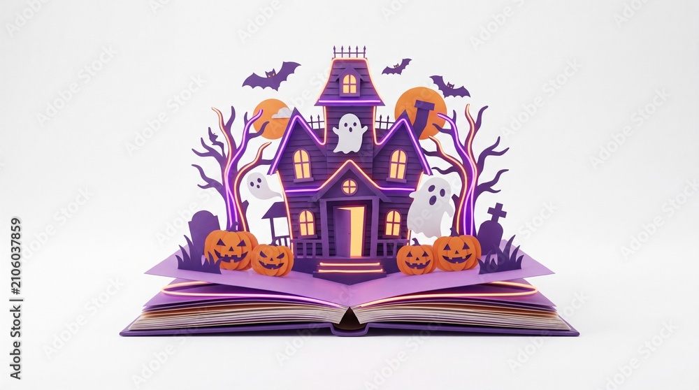 Fototapeta premium Spooky Halloween haunted house 3D pop up book illustration