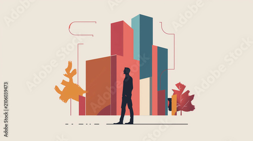 Minimalist business illustration with corporate skyscrapers and professional executive character design concept