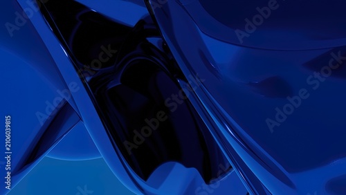 Dark blue abstract shapes with glossy surfaces create a futuristic and flowing three dimensional background.