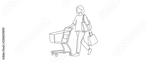 Photography Person with shopping cart and bags, simple line art