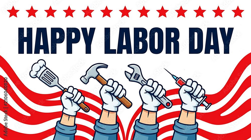 Obraz premium Happy labor day illustration with various professional tools held by gloved hands isolated on white background