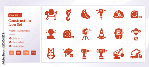 Construction tools and equipment flat vector icon set