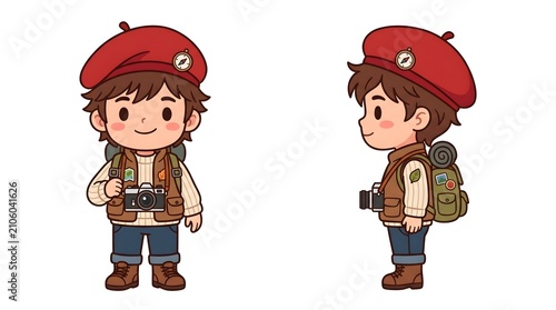 Cute Chibi Traveler Boy Vector Character Sheet Front Side Poses Illustration.