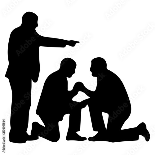 Foto Silhouette of a man pointing at two men kneeling.