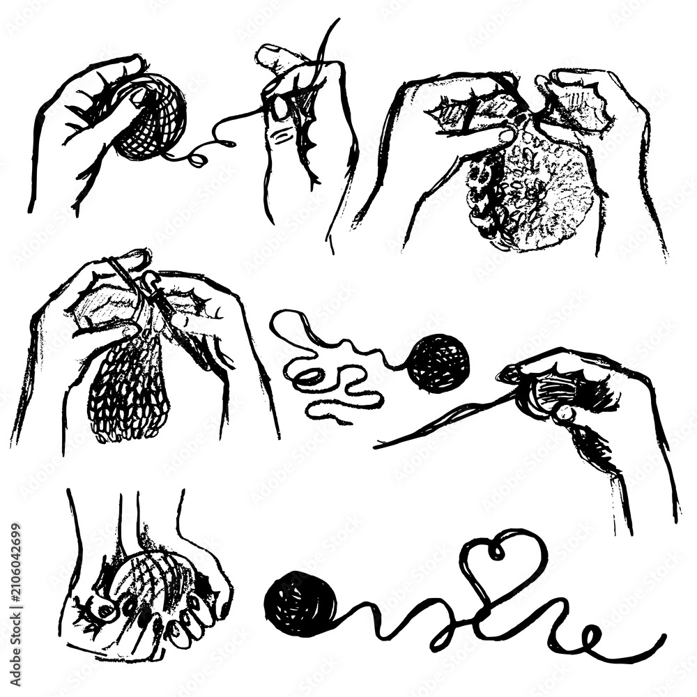 Fototapeta premium Set of hand-drawn knitting sketches. Vector illustration of hands with yarn, knitting needles, crochet hook and a heart-shaped thread