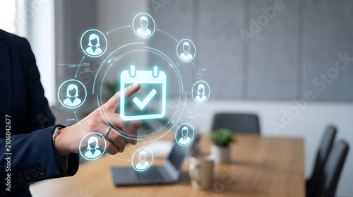 HR officer using a holographic attendance calendar for employee scheduling and workforce tracking