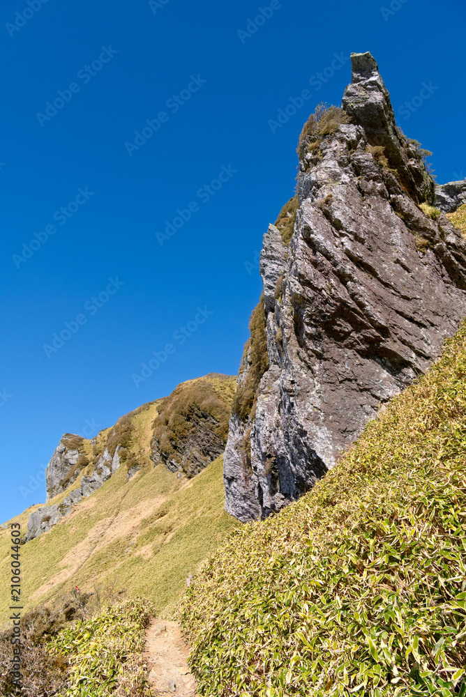 Fototapeta premium 徳島県の三嶺、大岩の下を行く山頂直下の登山道
