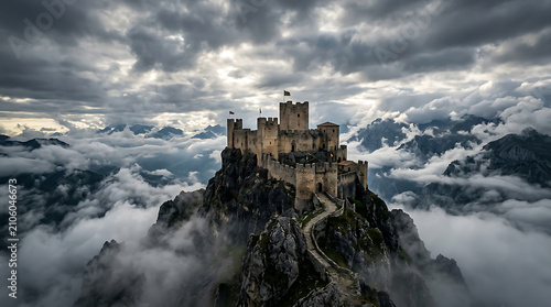 Majestic medieval stone fortress perched atop jagged mountain peaks above rolling dense white clouds with mountain summit surrounded displays historic stone stone castle situated thick clouds with sky