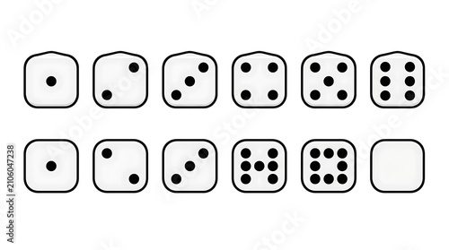 Set of dice icons with various dot combinations and one blank die.