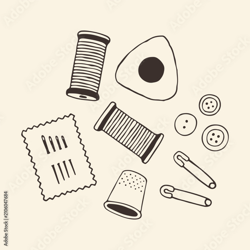 Vector illustration of an essential sewing tool kit including spools, buttons, thimble, pins, and tailor chalk. Hand drawn monochrome line art icon for craft workshop equipment collections