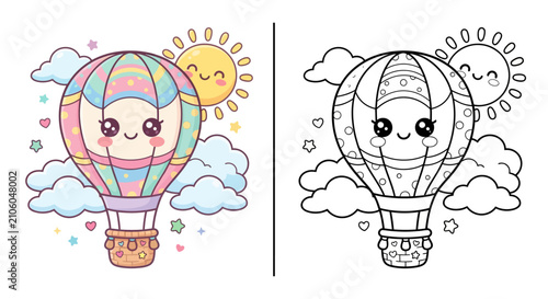 Cute kawaii hot air balloon coloring page vector