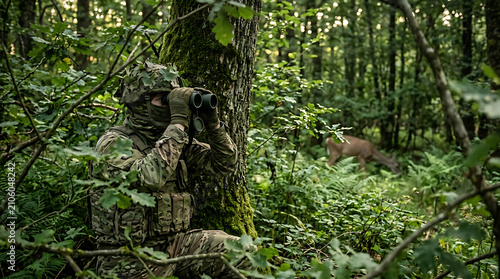 Camouflaged soldier observing wild deer through binoculars within dense green forest woodland environment with soldier wearing tactical while using binoculars helmet peeking behind mossy tree