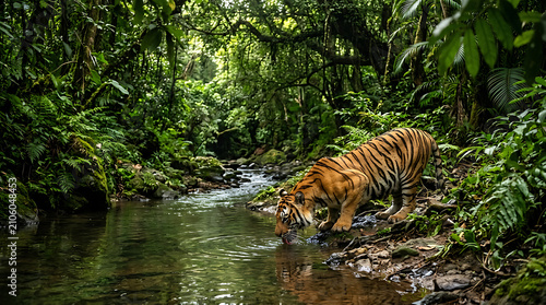 Majestic striped predator drinking from a serene forest stream in the lush tropical jungle with flowing stream surrounded dense tropical foliage lush green vegetation captures large tiger wildlife