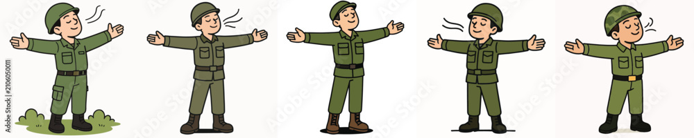 Fototapeta premium Set of vector illustrations of soldiers breathing in fresh air.