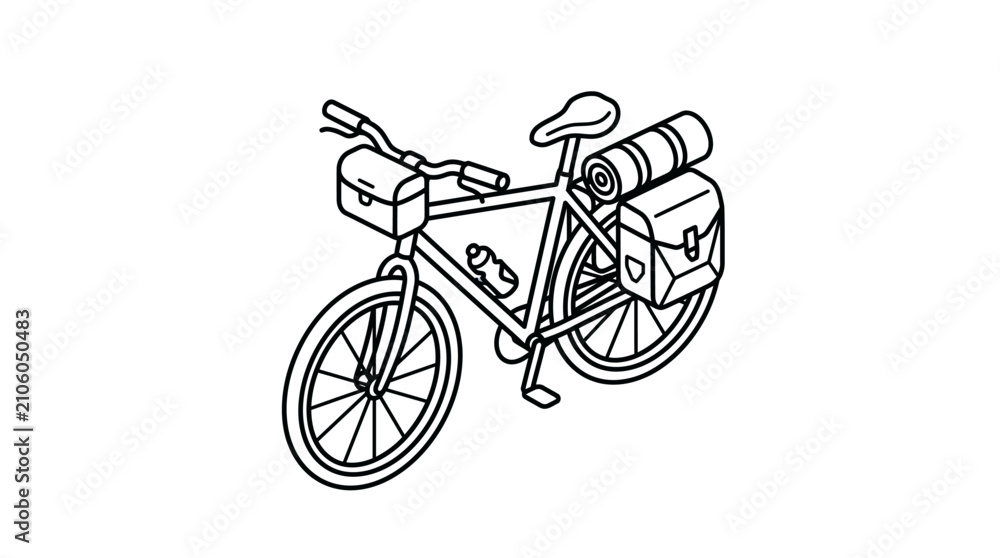Obraz premium Isometric touring bicycle with travel gear and panniers